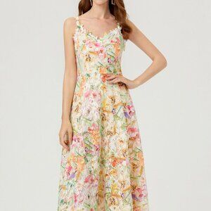 Floral Lace Sleeveless V-Neck Midi Dress | New Formal Dress w/ Semi-Open Back